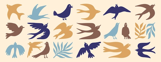 pájaros de primavera arte moderno silueta simple conjunto boho pájaros voladores arte de dibujos animados clipart