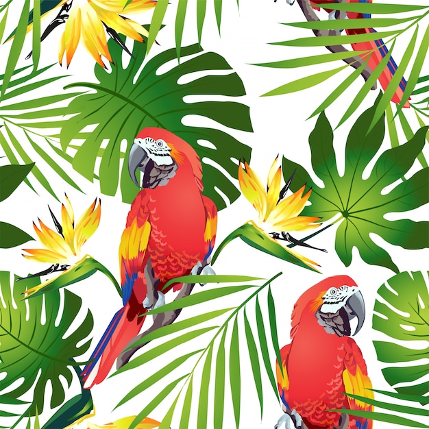 Pájaros tropicales Loros coloridos y flores exóticas