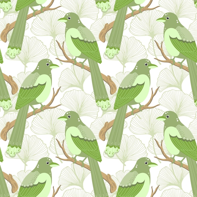 Pájaros de urraca suaves dibujados de patrones sin fisuras sobre un fondo de hojas verdes de contorno