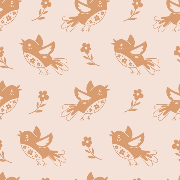 Pájaros voladores y flores beige patrón sin costuras para el diseño de primavera y verano