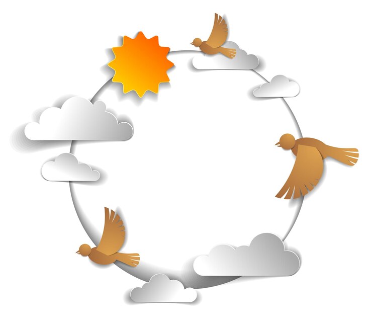 Vector pájaros volando en el cielo entre hermosas nubes y sol, fondo o marco con espacio de copia para texto, tarjeta de saludo, paisaje nublado de verano, ilustración vectorial en estilo de niños cortados en papel.