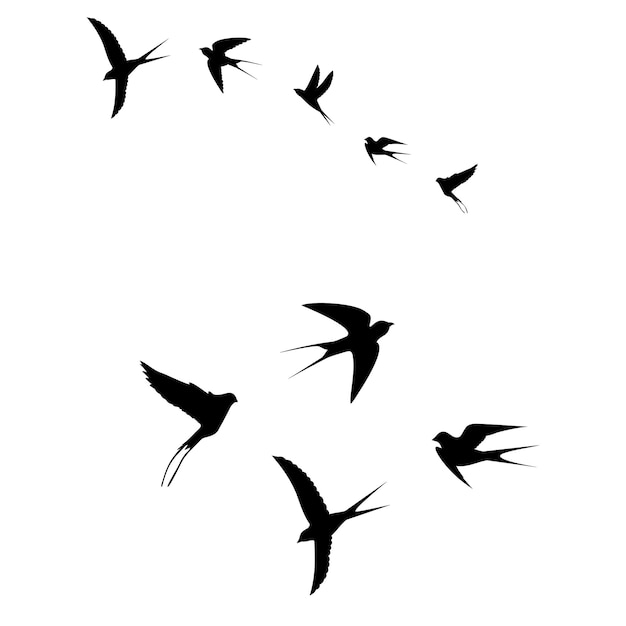 Los pájaros vuelan en una bandada icono negro ilustración vectorial