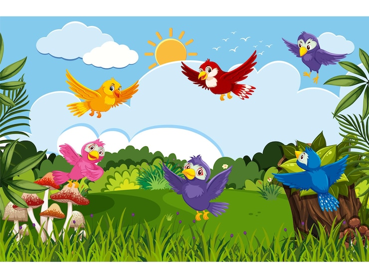 Los pájaros vuelan en un cielo colorido con hierba verde y árboles