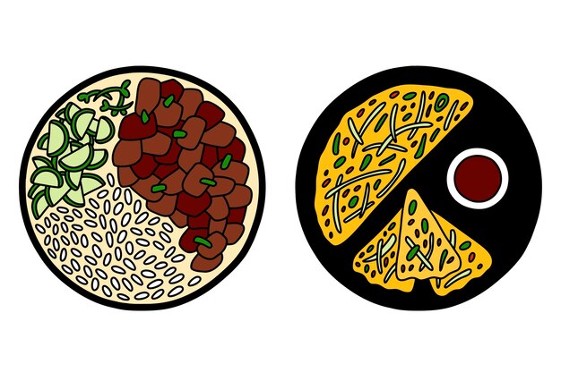 Pajeon y bulgogi comida tradicional coreana ilustración vectorial