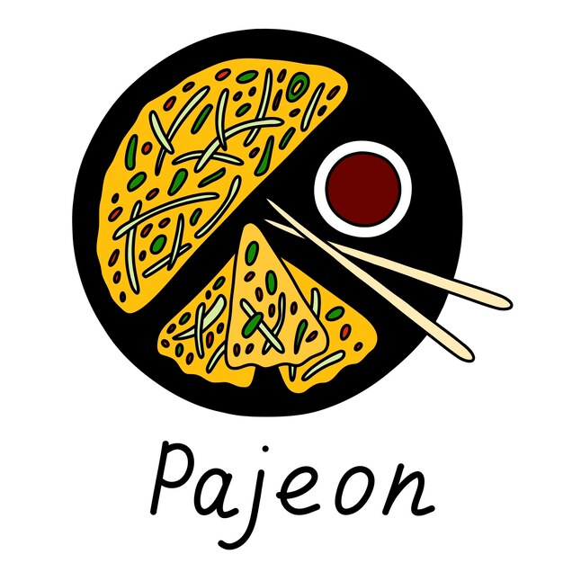 Pajeon con salsa de soja en el plato con palitos de comida. Ilustración de vector con letras
