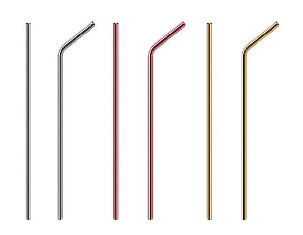 Pajitas de metal. Pajita de acero reutilizable, barras de acero inoxidable. Tubo ecológico realista aislado para diferentes bebidas. Paja de metal reutilizable, tubo de acero para beber ilustración