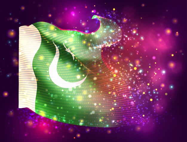 Pakistán vector 3d bandera sobre fondo rosa púrpura con iluminación y bengalas