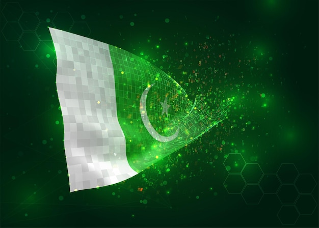 Pakistán en vector 3d bandera sobre fondo verde con polígonos y números de datos