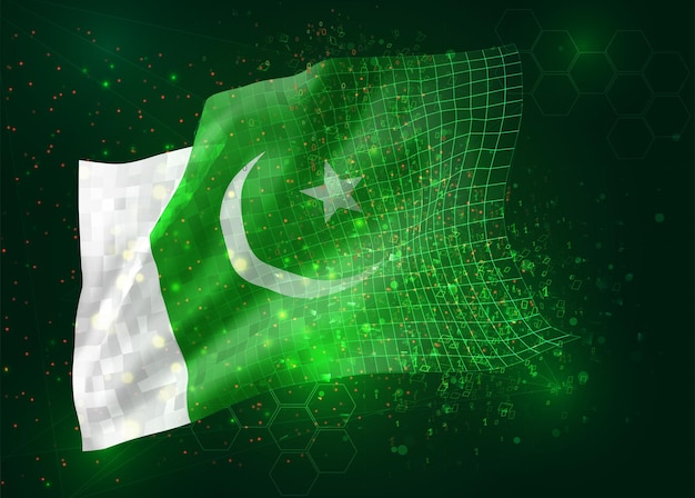 Pakistán, en vector bandera 3d sobre fondo verde con polígonos y números de datos