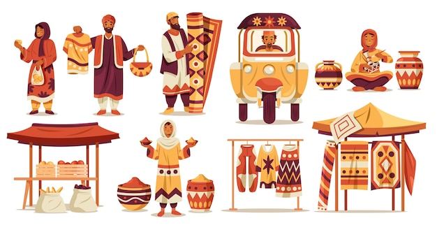 Pakistani marketplace scene with people, goods, and a rickshaw