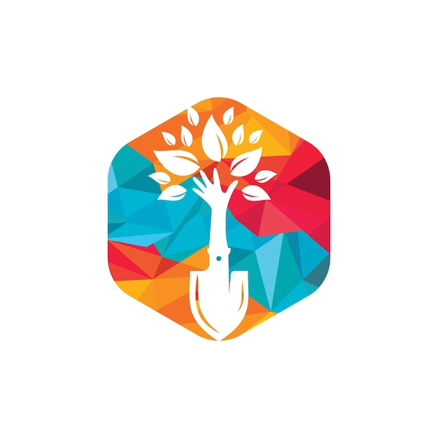 Pala con diseño de logotipo de vector de árbol de mano
