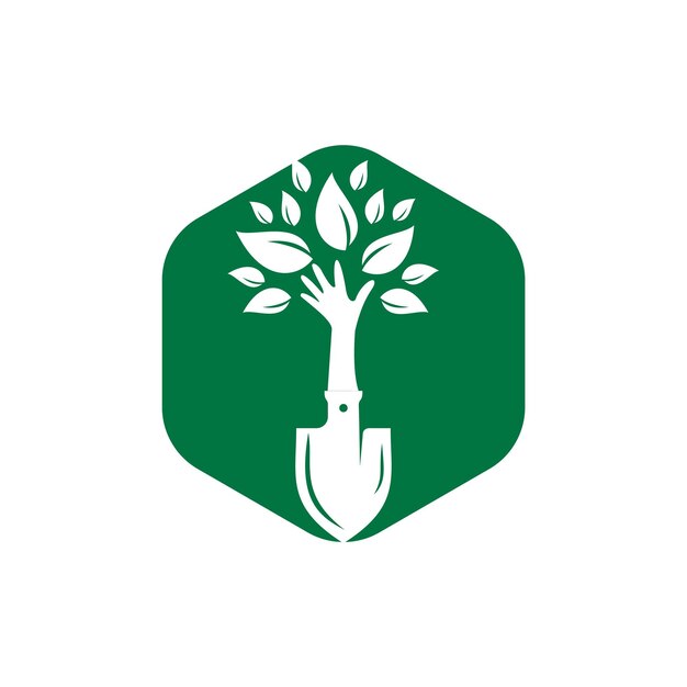 Pala con diseño de logotipo de vector de árbol de mano