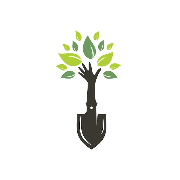 Pala con diseño de logotipo de vector de árbol de mano