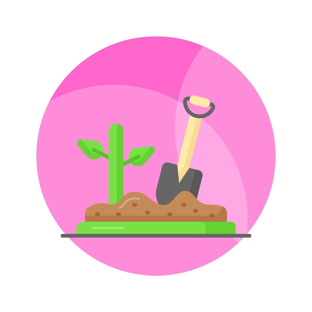 Pala con planta y suelo que representa el vector de siembra en el icono premium de estilo de moda