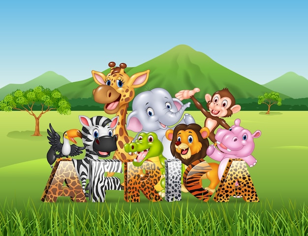 Palabra áfrica con dibujos animados de animales salvajes