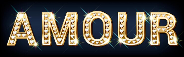 Vector la palabra «amour». letras doradas en forma de corazón con brillantes diamantes. día de san valentín