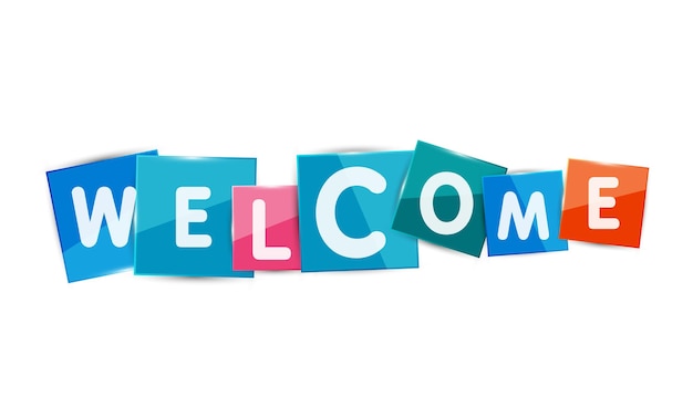 Palabra de bienvenida con cada letra en placa cuadrada separada