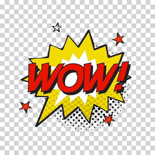 Palabra cómica wow en burbuja de habla cómica vintage con ilustración vectorial punteada de medio tono