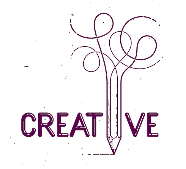 Palabra creativa con lápiz en lugar de letra I, concepto de ideas y creatividad, logotipo conceptual vectorial o afiche hecho con fuente especial.