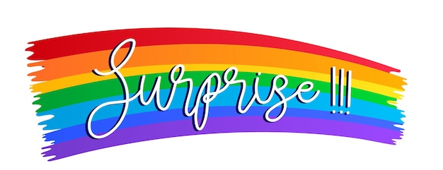 Vector palabra cursiva sorpresa blanca con sombra en un fondo de pincel de arco iris colores de la bandera lgbt