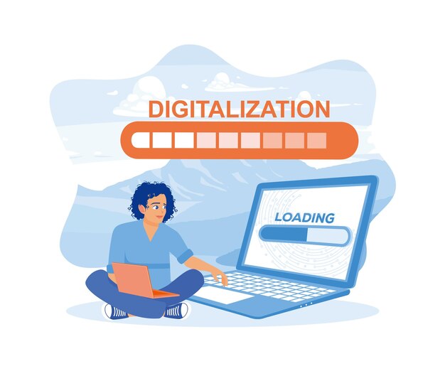 Palabra de digitalización de holograma e icono de elemento de barra de carga en la pantalla del portátil Negocio digital