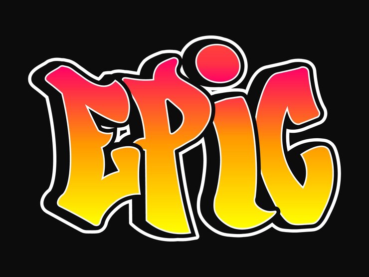 Vector la palabra épica escrita en tipografía de estilo graffiti con un gradiente de color vibrante y un contorno blanco