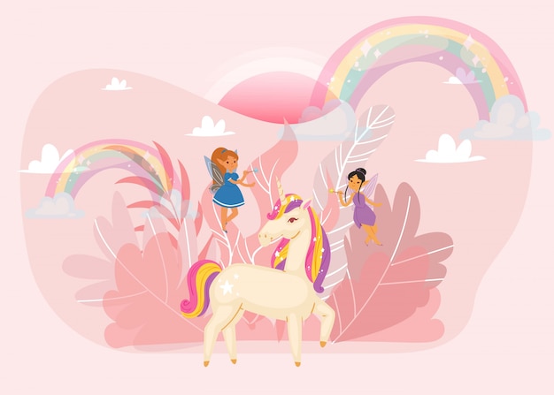 Palabra fantástica con unicornio mágico, niña de hadas, arco iris y alas, ilustración de dibujos animados de nubes para niños.