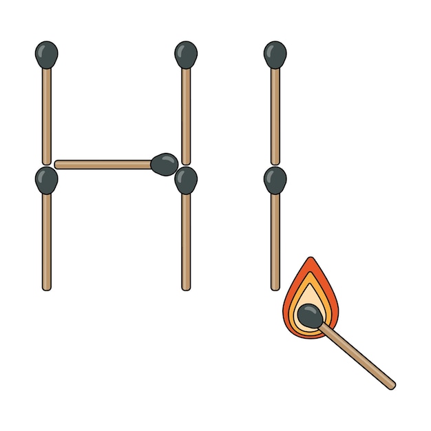 Palabra hola de fósforos Partidos enteros de madera con una cabeza de azufre en forma de inscripción Estilo plano Vector palos de madera