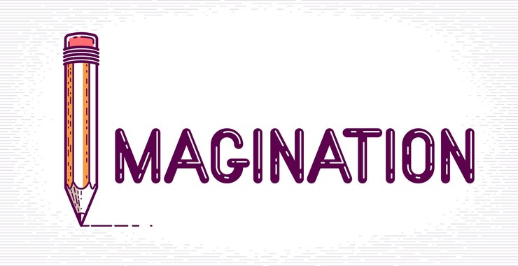Vector palabra de imaginación con lápiz en lugar de letra i, concepto de imaginación y fantasía, logotipo creativo conceptual vectorial o afiche hecho con fuente especial.