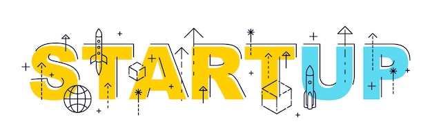 Palabra de inicio con iconos de diseño vectorial plano
