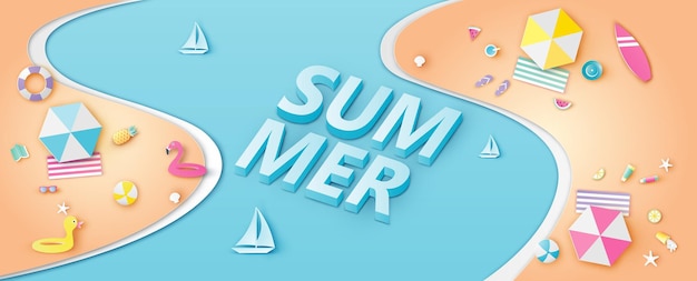 Palabra isométrica de texto de verano en el mar con equipos de playa en playa de arena