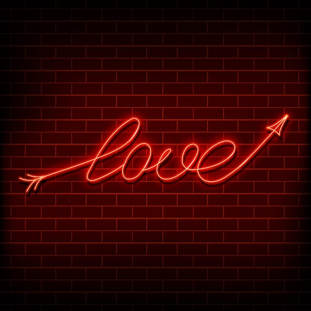 Palabra de neón amor Un letrero rojo brillante en una pared de ladrillo Elemento de diseño para un feliz día de San Valentín Ilustración vectorial