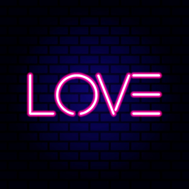 Palabra de neón amor sobre fondo de pared de ladrillo
