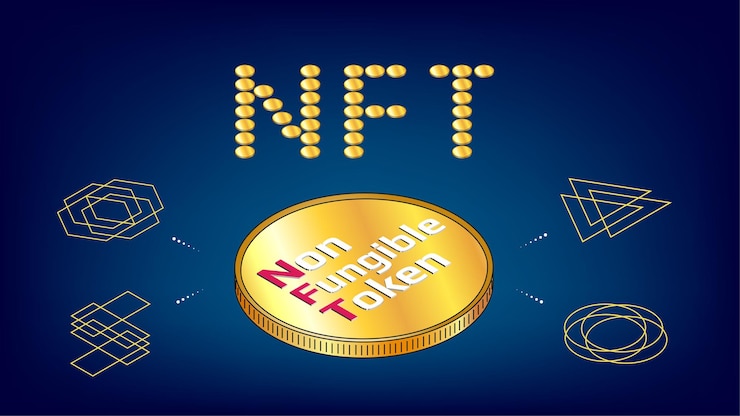 Vector palabra nft de monedas de oro infografías de tokens no fungibles con gran moneda isométrica sobre fondo azul pague por coleccionables únicos en juegos o arte ilustración vectorial