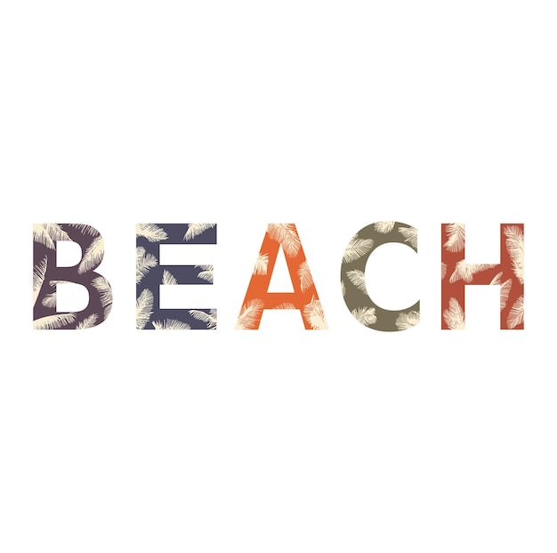 Vector palabra de playa diseñada con hojas de palma ilustración vectorial tropical