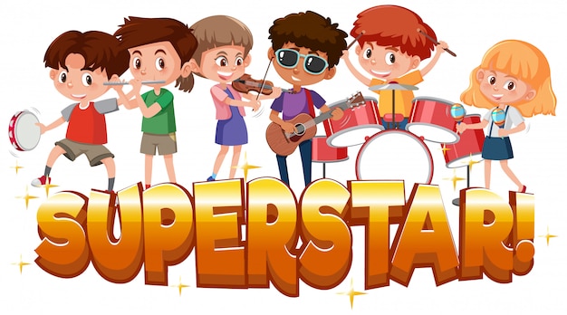 Vector palabra superestrella con niños tocando instrumentos