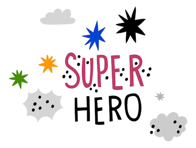 Palabra de superhéroe en el cielo letras de impresión de niño lindo divertido