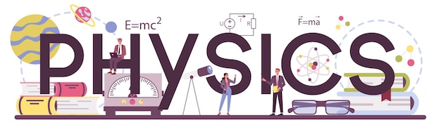 Palabra tipográfica física. Los científicos exploran la electricidad, el magnetismo, las ondas de luz y las fuerzas. Estudio teórico y práctico geofísico. Ilustración de vector aislado