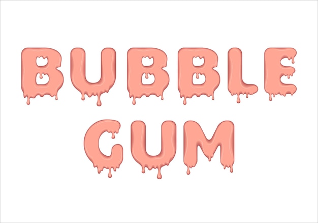 Palabra vectorial hecha de goma de mascar que fluye Letras con gotas de salpicaduras y manchas Tipo de letra brillante Texto de gotas líquidas de color rosa dulce aisladas sobre fondo blanco