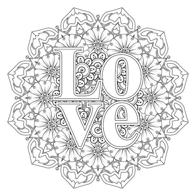 Palabras de amor con flores mehndi para colorear adorno de doodle de página de libro