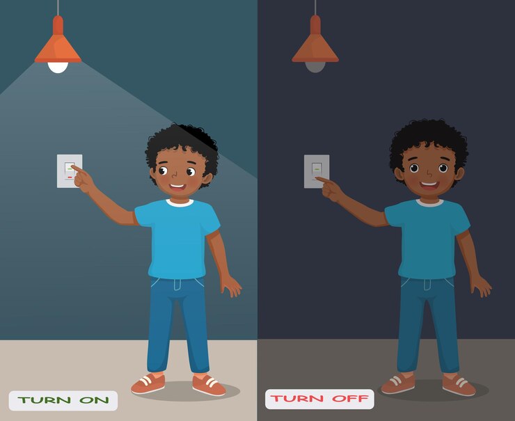 Vector palabras antónimas opuestas encender y apagar ilustración de un niño africano cambiar la luz