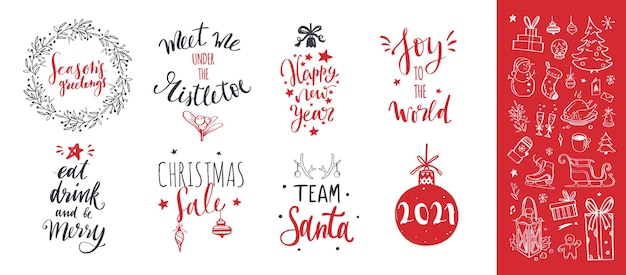 Palabras de feliz Navidad y año nuevo en la decoración del árbol de Navidad. letras dibujadas a mano