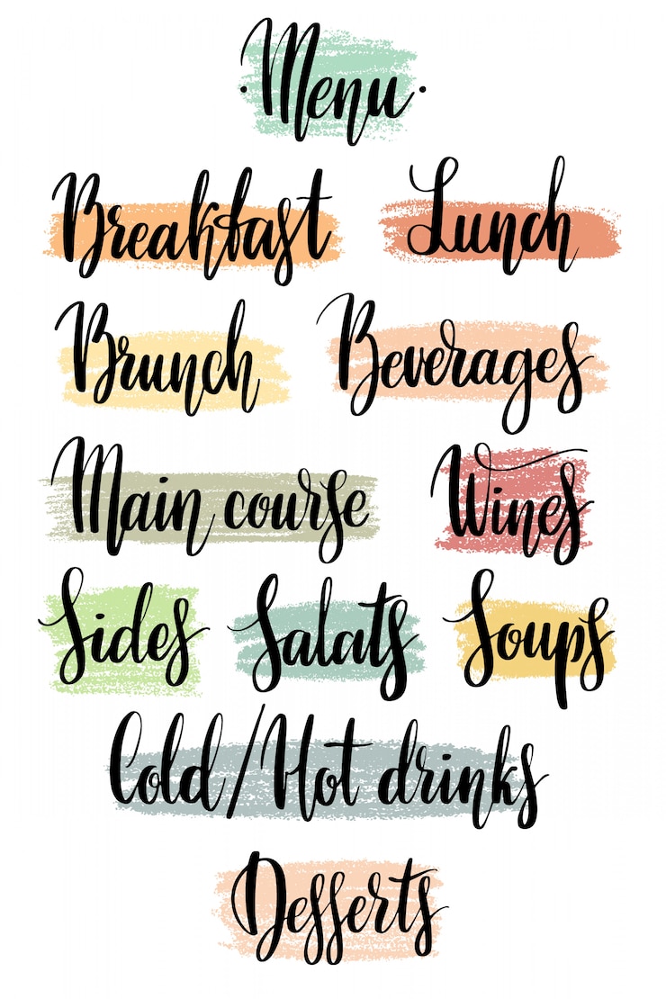 Vector palabras para el menú del restaurante a mano en puntos texturizados.