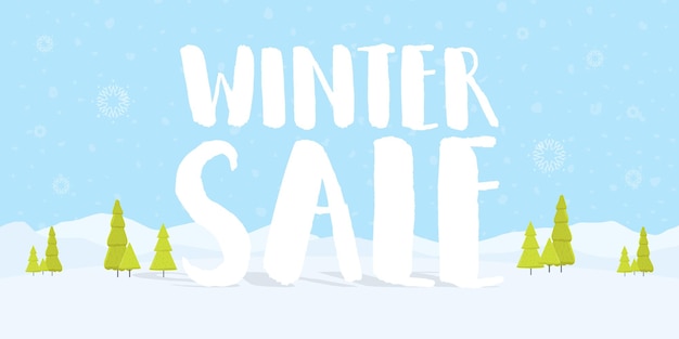Palabras de venta de invierno en la hermosa Navidad plana Fondo de paisaje de vacaciones de invierno con árboles, copos de nieve, nieve que cae. Ilustración vectorial