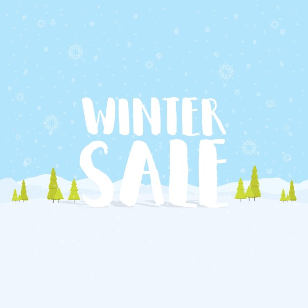 Palabras de venta de invierno en la hermosa Navidad plana Fondo de paisaje de vacaciones de invierno con árboles, copos de nieve, nieve que cae. Ilustración vectorial