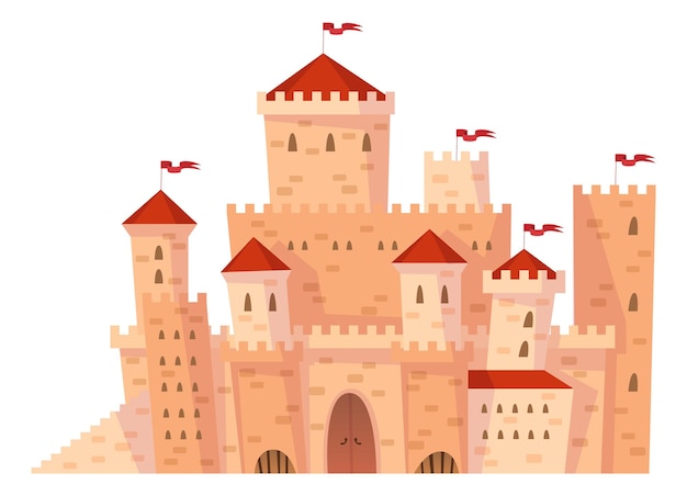 Palacio real de dibujos animados. castillo medieval con tejados rojos y banderas aislado sobre fondo blanco.