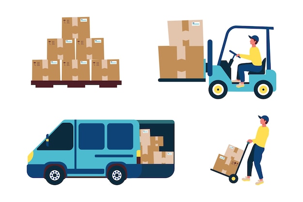 Un palé con paquetes un mensajero en un transportador de palés lleva un paquete un camión con muchos paquetes