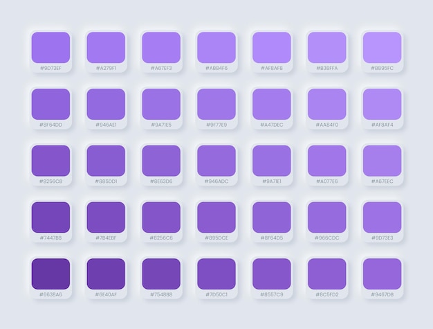 Paleta de color púrpura diferente tono brillante para el diseño de ui ux sobre fondo blanco neumorphic