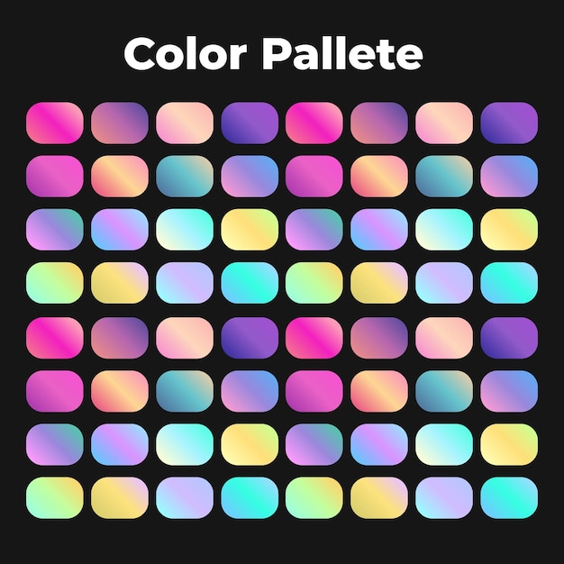 Una paleta de colores con 40 muestras de colores en varios tonos de azul rosa púrpura amarillo naranja y verde
