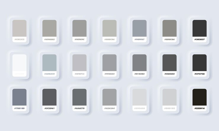 Paleta de colores pastel gris. Catalogo de muestras gris en RGB HEX. Catálogo de colores. Botón web de interfaz de usuario blanco Neumorphic UI UX. Neumorfismo.